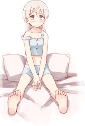 Rule 34 | 1girl, barefoot, blush, eila ilmatar juutilainen, feet, glastonbury1966, long hair, midriff, pajamas, pillow, purple eyes, shorts, silver hair, sitting, soles, solo, strap slip, strike witches, toes, v arms, world witches series