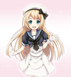 Rule 34 | 1girl, :d, blonde hair, blue eyes, blue sailor collar, buttons, dress, gloves, hat, jervis (kancolle), kantai collection, long hair, open mouth, pink background, sailor collar, sailor dress, short sleeves, smile, solo, tk8d32, white gloves, white hat