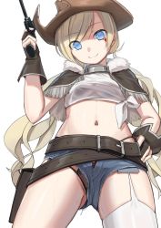 Rule 34 | 1girl, absurdres, belt, belt skirt, black panties, blonde hair, blue eyes, blue shorts, brown gloves, brown hat, colt revolver (girls&#039; frontline), colt single action army, cowboy hat, denim, denim shorts, facial mark, finger on trigger, from below, girls&#039; frontline, gloves, gun, hand on own hip, handgun, hat, highleg, highleg panties, highres, holding, holding gun, holding weapon, holster, kuro (zhurunbo1997), long hair, midriff, navel, open fly, panties, panties under shorts, pantyshot, revolver, short shorts, shorts, single thighhigh, smile, solo, star (symbol), swept bangs, thighhighs, twintails, underwear, upshorts, weapon, white thighhighs