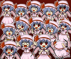 Rule 34 | angry, cowering, crying, dress, hat, hat ribbon, mob cap, multiple girls, multiple views, own hands together, pink dress, pointing, red background, remilia scarlet, ribbon, scared, spork, tears, touhou, uda tetla, vampire