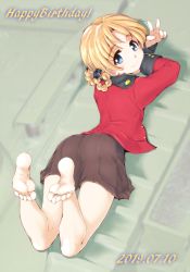 Rule 34 | 1girl, arms up, barefoot, black ribbon, black skirt, blue eyes, braid, closed mouth, commentary, dated, epaulettes, from above, girls und panzer, hair ribbon, highres, jacket, long sleeves, looking at viewer, looking back, lying, military, military uniform, miniskirt, on stomach, on vehicle, orange hair, orange pekoe (girls und panzer), parted bangs, pleated skirt, red jacket, ribbon, sasaki akira (ugc), shadow, short hair, skirt, smile, solo, st. gloriana&#039;s military uniform, twin braids, uniform, v