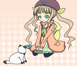 Rule 34 | 1girl, animal, blue eyes, brown hair, cat, elle mel marta, hat, jewelry, long hair, rollo (tales), necklace, pink background, tales of (series), tales of xillia, tales of xillia 2