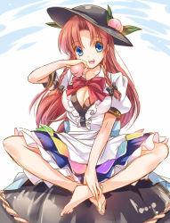 Rule 34 | 1girl, barefoot, blue eyes, bow, bowtie, braid, breasts, cleavage, cosplay, food, frills, fruit, hair bow, hat, hinanawi tenshi, hinanawi tenshi (cosplay), hong meiling, indian style, jpeg artifacts, keystone, large breasts, leaf, long hair, looking at viewer, monety, open mouth, peach, red hair, sitting, smile, solo, touhou, twin braids