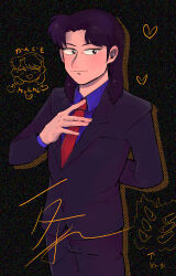 Rule 34 | 1boy, absurdres, arm behind back, black eyes, black hair, black jacket, black pants, buttoned cuffs, buttons, closed mouth, collared shirt, commentary request, cowboy shot, drop shadow, expressionless, fingernails, formal, halftone, highres, ichijou seiya, itanoma (omrisoisina), jacket, kaiji, long hair, long sleeves, looking at viewer, male focus, medium bangs, necktie, pants, parted bangs, purple shirt, red necktie, shirt, solo, static, suit
