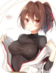 Rule 34 | 10s, 1girl, artist name, blush, breasts, brown eyes, brown hair, collarbone, hair intakes, hair ribbon, highres, ise (kancolle), japanese clothes, jpeg artifacts, kantai collection, large breasts, looking at viewer, md5 mismatch, off shoulder, open clothes, ponytail, resized, resolution mismatch, ribbon, short hair, signature, simple background, skin tight, solo, source larger, toosaka asagi