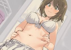 Rule 34 | 1girl, :|, bare arms, bare shoulders, belly grab, bra, breasts, brown eyes, brown hair, closed mouth, door, dutch angle, fingernails, flower, from below, geppewi, gloom (expression), hair between eyes, hair flower, hair ornament, highres, idolmaster, idolmaster cinderella girls, large breasts, mimura kanako, navel, nervous, no shirt, pinching, plump, solo, stomach, sweat, underwear, upper body, weight conscious, white bra