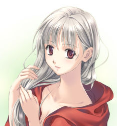 Rule 34 | 1girl, bad id, bad pixiv id, breasts, cleavage, collarbone, elysion, eyelashes, holding, holding hair, isobe, lafrenze, lips, long hair, messy hair, red eyes, silver hair, solo, sound horizon, white background