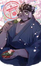 Rule 34 | 1boy, absurdres, animal ears, bara, blue kimono, cat boy, cat ears, cherry blossoms, commentary request, dango, eating, facial hair, falling petals, food, furry, furry male, goatee, hair between eyes, hair strand, highres, holding, holding food, holding skewer, japanese clothes, kimono, live a hero, long sideburns, male focus, mixed-language commentary, muscular, muscular male, pectoral cleavage, pectorals, petals, sanshoku dango, short hair, sideburns, skewer, solo, syukapong, thick eyebrows, tsuneaki (live a hero), upper body, wagashi, white background, yellow eyes