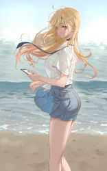 Rule 34 | 1girl, barbell piercing, beach, blonde hair, blue skirt, blush, breasts, cellphone, collared shirt, commentary, dress shirt, ear piercing, earrings, highres, industrial piercing, jewelry, kitagawa marin, large breasts, long hair, long sleeves, looking at viewer, necktie, phone, piercing, pleated skirt, red eyes, shirt, shore, skirt, sleeves rolled up, solo, sono bisque doll wa koi wo suru, thighs, white shirt, yd (orange maru)