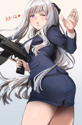 Rule 34 | 028ilc, 1girl, ak-12, ak-12 (girls&#039; frontline), assault rifle, bad id, bad twitter id, black ribbon, blazer, blue jacket, blush, braid, breasts, commentary request, dress shirt, formal, french braid, from below, girls&#039; frontline, gun, highres, holding, holding gun, holding weapon, jacket, kalashnikov rifle, large breasts, long hair, looking at viewer, miniskirt, office lady, one eye closed, open mouth, pencil skirt, ribbon, rifle, shirt, sidelocks, silver hair, skirt, skirt suit, suit, thighs, weapon, white shirt