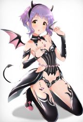 Rule 34 | 1girl, absurdres, blush, boots, breasts, claw pose, commentary request, demon horns, demon tail, demon wings, detached collar, detached sleeves, gem, highres, homco, horns, idolmaster, idolmaster million live!, kneeling, looking at viewer, makabe mizuki, open mouth, purple hair, short hair, sidelocks, small breasts, solo, tail, thigh boots, thighhighs, thighs, wavy hair, white background, wings