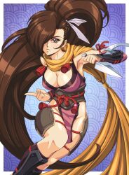 Rule 34 | 1990s (style), 1girl, absurdres, breasts, brown eyes, brown hair, cleavage, fire emblem, fire emblem fates, gloves, hair over one eye, highres, kagero (fire emblem), kunai, large breasts, long hair, looking at viewer, ninja, nintendo, ponytail, retro artstyle, scarf, sirknightbot, solo, weapon