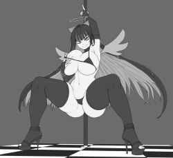 Rule 34 | 1girl, bare shoulders, bikini, blunt bangs, breasts, choker, collarbone, grabbing own breast, greyscale, halo, high heels, highres, jewelry, large breasts, legs, long hair, looking at viewer, micro bikini, monochrome, multicolored hair, necklace, nipple slip, nipples, panty &amp; stocking with garterbelt, pole, pole dancing, revision, solo, spread legs, stocking (psg), stripper pole, swimsuit, the golden smurf, thick thighs, thighhighs, thighs, toes, two-tone hair, wings