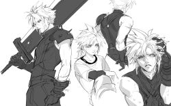 Rule 34 | 1boy, armor, belt, buster sword, cloud strife, duoj ji, earrings, final fantasy, final fantasy vii, final fantasy vii remake, gloves, greyscale, highres, jewelry, male focus, monochrome, muscular, muscular male, over shoulder, shirt, shoulder armor, single earring, sleeveless, sleeveless turtleneck, spiked hair, square enix, sweat, turtleneck, upper body, weapon, weapon over shoulder, white shirt, aged down