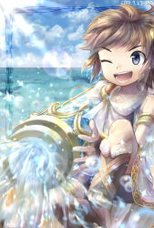 1boy ;d androgynous armlet azumi_(tks-sd) blue_eyes brown_footwear brown_hair dated fingerless_gloves fur-trimmed_footwear fur_trim gloves gold_armlet holding holding_weapon jewelry kid_icarus kid_icarus_uprising lens_flare making-of_available male_focus nintendo ocean one_eye_closed open_mouth pit_(kid_icarus) poseidon_cannon_(kid_icarus) scarf single_bare_shoulder smile solo spraying water weapon white_scarf