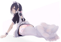 Rule 34 | 1girl, apron, ass, bow, feet, foot focus, foreshortening, garter belt, hair bow, long hair, looking at viewer, maid, maid apron, no shoes, original, panties, pink bow, pink panties, purple eyes, purple hair, see-through, short sleeves, simple background, soles, solo, thighhighs, underwear, unimon e, white background, white thighhighs, wrist cuffs