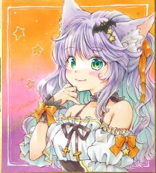 Rule 34 | 1girl, animal ears, artist name, bat hair ornament, cat ears, cat girl, closed mouth, commentary, frilled cuffs, frilled shirt, frilled sleeves, frills, green eyes, hair ornament, halloween, halterneck, hand to own mouth, highres, long hair, looking at viewer, marker (medium), minami kawa, off-shoulder shirt, off shoulder, original, purple hair, scan, shirt, short sleeves, signature, smile, solo, star (symbol), star hair ornament, traditional media, upper body, white shirt