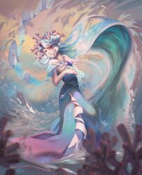 Rule 34 | 1girl, absurdres, aqua nails, blue dress, cookie run, coral, coral hair ornament, dress, highres, open mouth, sea fairy cookie, solo, standing, tina616161, water