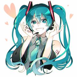 Rule 34 | 1girl, aqua eyes, aqua hair, chromatic aberration, detached sleeves, grin, hatsune miku, headset, heart, highres, long hair, necktie, smile, sofy, solo, twintails, upper body, vocaloid, white background