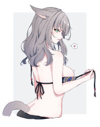 Rule 34 | 1girl, absurdres, animal ears, ass, back, bikini, breasts, cat ears, cat girl, cat tail, eyelashes, facial mark, final fantasy, final fantasy xiv, from side, green eyes, grey hair, heart, highres, large breasts, long hair, looking at viewer, median furrow, miqo&#039;te, parted lips, sana (sanamaru 0w0), simple background, smile, solo, spoken heart, strap pull, swimsuit, tail, untied bikini, warrior of light (ff14), whisker markings, white background