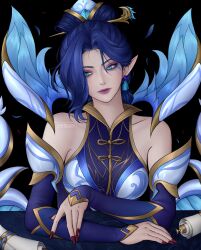 Rule 34 | 1girl, absurdres, artelsia, artist name, bare shoulders, black background, blue hair, blue wings, breasts, closed mouth, detached sleeves, earrings, hair ornament, head tilt, highres, jewelry, large breasts, league of legends, long sleeves, morgana (league of legends), nail polish, official alternate costume, petals, pointy ears, porcelain morgana, red nails, scroll, smile, solo, upper body, watermark, wings