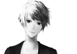 Rule 34 | 1girl, commentary, greyscale, head tilt, light smile, looking at viewer, monochrome, original, portrait, sakimori (hououbds), short hair, simple background, solo, white background