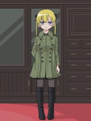 Rule 34 | 1girl, black footwear, blonde hair, boots, buttons, closed mouth, coat, double-breasted, full body, gishiki (gshk), green coat, grey pantyhose, hand in pocket, highres, kill me baby, knee boots, long hair, long sleeves, looking at viewer, pantyhose, pigeon-toed, purple eyes, solo, sonya (kill me baby), standing, twintails