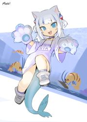 Rule 34 | 1girl, animal ears, animal hands, ankle socks, blue eyes, cat ears, claws, fins, firstw1, fish tail, gawr gura, gloves, highres, hololive, hololive english, holomyth, looking at viewer, paw gloves, shark tail, shoes, sneakers, socks, solo, tagme, tail, teeth, virtual youtuber