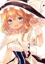 Rule 34 | 1girl, :d, blonde hair, blue eyes, blue nails, bow, braid, breasts, cleavage, commentary request, frilled shirt collar, frills, hand up, hat, hat bow, kirisame marisa, looking at viewer, medium breasts, nail polish, nenobi (nenorium), open mouth, puffy short sleeves, puffy sleeves, sash, short hair, short sleeves, single braid, smile, solo, touhou, upper body, white bow, witch hat, wrist cuffs