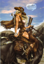 Rule 34 | 1girl, blonde hair, boots, breasts, chili pepper, cigar, cowboy boots, cowboy hat, cowboy western, fringe trim, gun, habanero pepper, hat, highres, horse, juliona trans, juriona trans, large breasts, long hair, looking at viewer, looking back, rifle, shiny skin, shirou masamune, solo, weapon, wild wet west
