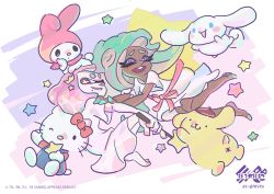 Rule 34 | + +, 2girls, ;), absurdres, barefoot, cat, cephalopod eyes, cinnamoroll, cosplay, crossover, crown, dark-skinned female, dark skin, dog, fangs, flying, green hair, hand on another&#039;s shoulder, hello kitty, hello kitty (character), highres, inkling, inoue seita, kiki (little twin stars), kiki (little twin stars) (cosplay), lala (little twin stars), lala (little twin stars) (cosplay), little twin stars, logo, long hair, looking at viewer, marina (splatoon), multiple girls, my melody, nintendo, octoling, official art, one eye closed, onegai my melody, overalls, pearl (splatoon), pink hair, pompompurin, rabbit, sanrio, short hair, short sleeves, smile, splatoon (series), splatoon 2, star (symbol), wand