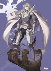 Rule 34 | 1boy, armor, armored dress, artist name, berserk, blue background, blue eyes, cape, full body, griffith (berserk), highres, in palm, long sleeves, looking to the side, miyo (13th floor), standing, sword, weapon, white armor, white cape, white hair
