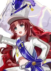 Rule 34 | 1girl, arknights, breasts, cape, fang, flag, green eyes, hand on own hip, hat, highres, holding, holding flag, instrument, jannong, long hair, long sleeves, looking ahead, myrtle (arknights), myrtle (light gold celebration) (arknights), navel, official alternate costume, open mouth, pointy ears, red hair, skin fang, small breasts, smile, stomach, twitter username, white cape, white flag, white headwear