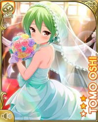 Rule 34 | 1girl, bouquet, bow, brown eyes, card (medium), character name, closed mouth, day, dress, flower, girlfriend (kari), green hair, indoors, looking at viewer, official art, oshi tomo, qp:flapper, rose, smile, solo, sunlight, wedding dress, white bow, white dress, white flower, white rose