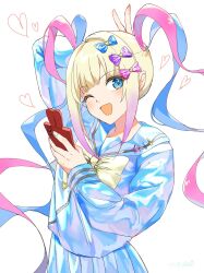 Rule 34 | 1girl, ;d, arm up, blonde hair, blue bow, blue eyes, blue hair, blue shirt, blue skirt, blush, bow, cellphone, chouzetsusaikawa tenshi-chan, commentary request, hair bow, hair ornament, hand up, heart, heart hair ornament, highres, holding, holding phone, holographic clothing, long hair, long sleeves, looking at viewer, mikan (user zsyg8485), multicolored hair, needy girl overdose, one eye closed, open mouth, phone, pink bow, pink hair, pleated skirt, purple bow, quad tails, sailor collar, school uniform, serafuku, shirt, simple background, skirt, smartphone, smile, solo, twintails, v, very long hair, white background, yellow bow