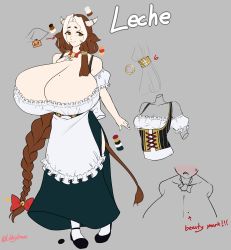 Rule 34 | 1girl, absurdres, animal ears, apron, breasts, brown eyes, brown hair, cow ears, cow girl, cow horns, cow tail, dress, gigantic breasts, highres, horns, leche (ushijidraws), mole, mole on breast, multicolored hair, shoes, sketch, tail, two-tone hair, ushijidraws, watermark, white hair