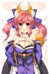 Rule 34 | 10s, 1girl, :3, animal ears, bare shoulders, black legwear, blush, breasts, cleavage, detached sleeves, fate/extra, fate (series), fox ears, hair ribbon, japanese clothes, jewelry, large breasts, looking at viewer, pink hair, ribbon, ruchiteumu, solo, sugita (merinib), tamamo no mae (fate/extra), twintails, yellow eyes