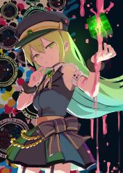 Rule 34 | 1girl, alina gray, aqua eyes, black bow, black hat, black necktie, black vest, blunt ends, bow, brooch, chain, collar, cross tie, detached collar, doppel (madoka magica), fur cuffs, gem, green gemstone, green hair, hair between eyes, hair rings, hat, highres, jewelry, lapels, long hair, magia record: mahou shoujo madoka magica gaiden, magical girl, mahou shoujo madoka magica, miniskirt, multicolored clothes, multicolored hair, multicolored skirt, necktie, notched lapels, old dorothy, peaked cap, pleated skirt, puffy short sleeves, puffy sleeves, samidare (hoshi), see-through, see-through sleeves, short sleeves, sidelocks, skirt, sleeve cuffs, smile, smug, solo, straight hair, streaked hair, striped clothes, striped skirt, v-neck, vertical-striped clothes, vertical-striped skirt, very long hair, vest, waist bow, white collar, white sleeves