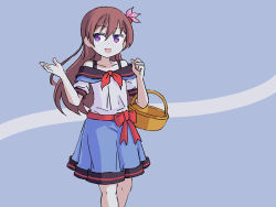 Rule 34 | 1girl, alternate costume, basket, blouse, blue background, blue skirt, brown hair, commentary, cowboy shot, english commentary, facing viewer, hair ornament, kantai collection, kisaragi (kancolle), long hair, looking to the side, one-hour drawing challenge, purple eyes, shirt, sixten, skirt, smile, solo, standing, two-tone background, white shirt