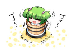 Rule 34 | 1girl, b-q, bucket, driving, closed eyes, green hair, hair bobbles, hair ornament, in bucket, in container, japanese clothes, kashuu (b-q), kimono, kisume, open mouth, riding, robotic vacuum cleaner, smile, solo, touhou, twintails, yukata