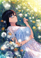 Rule 34 | 1girl, arm under breasts, black hair, blowing, blue eyes, blurry, blurry background, bra visible through clothes, braid, commentary request, dandelion, dress, dutch angle, field, floral background, floral dress, floral print, flower, glasses, hair over breasts, hair over one breast, hair over shoulder, holding, holding flower, long hair, looking at flowers, lying, mole, mole under eye, on grass, on ground, original, outdoors, parted lips, petals, pursed lips, solo, straight hair, sundress, sunlight, twin braids, unowen, white dress