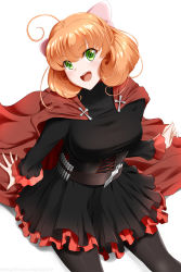 Rule 34 | 1girl, :d, ahoge, banned artist, belt, black dress, black pantyhose, bow, breasts, brown belt, cape, cosplay, dress, from above, hair between eyes, hair bow, head tilt, highres, kimmy77, large breasts, layered dress, long hair, long sleeves, looking at viewer, open mouth, orange hair, pantyhose, penny polendina, pink bow, red cape, ruby rose, ruby rose (cosplay), rwby, shiny clothes, shiny legwear, short dress, simple background, sitting, smile, solo, white background