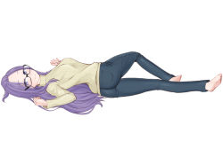 Rule 34 | 1girl, ass, barefoot, blue eyes, commentary request, denim, easy (aqk7bdqt), full body, jeans, kagamihara sakura, long hair, looking at viewer, pants, purple hair, ribbed sweater, simple background, smile, soles, solo, sweater, white background, yurucamp