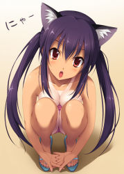 Rule 34 | 1girl, :o, animal ear fluff, animal ears, breast press, breasts, cat ears, cygnus (cygnus7), feet, from above, head tilt, interlocked fingers, k-on!, long hair, md5 mismatch, medium breasts, nakano azusa, nyan, one-piece tan, own hands clasped, own hands together, purple hair, red eyes, resolution mismatch, sandals, solo, source larger, squatting, tan, tanline, topless, twintails