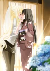 Rule 34 | 2girls, black hair, blonde hair, blush, closed eyes, commentary, couple, flower, hand on another&#039;s chin, japanese clothes, kimono, kirishima shizuku, kiss, long hair, multiple girls, oeshura, ponytail, shitogi eris, skirt, sono hanabira ni kuchizuke wo, thighhighs, very long hair, yuri