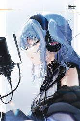 Rule 34 | 1girl, blue hair, breasts, choker, closed eyes, commentary, from side, glint, headphones, highres, hololive, hoshimachi suisei, hoshimachi suisei (streetwear), long hair, microphone, music, neck ribbon, off shoulder, one side up, open mouth, pop filter, ribbon, sena 8ito, shirt, sidelocks, singing, sleeveless, sleeveless shirt, small breasts, solo, sony, studio microphone, sweat, upper body, virtual youtuber, wavy hair, wire