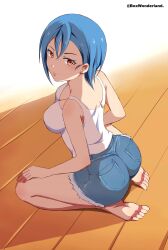 Rule 34 | 1girl, absurdres, ass, barefoot, blue hair, blush, box wonderland, breasts, cleavage, denim, denim shorts, earrings, feet, from behind, hair between eyes, highres, jewelry, kneeling, lips, looking at viewer, love live!, love live! superstar!!, medium breasts, shirt, short hair, shorts, simple background, solo, toes, wakana shiki, white shirt, wooden floor, yellow eyes