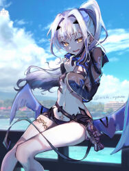 Rule 34 | 1girl, absurdres, bikini, black bikini, black jacket, blue sky, breasts, cropped jacket, dragon wings, fate/grand order, fate (series), forked eyebrows, high ponytail, highres, jacket, long hair, long sleeves, looking at viewer, mask, mask pull, melusine (fate), melusine (swimsuit ruler) (fate), melusine (swimsuit ruler) (first ascension) (fate), mochi upamo, mouth mask, nail polish, navel, open mouth, shrug (clothing), sidelocks, sitting, sky, small breasts, smile, solo, stomach tattoo, swimsuit, tail, tattoo, thighlet, thighs, white hair, wings, yellow eyes