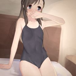 Rule 34 | 1girl, armpit crease, armpits, asymmetrical bangs, bare shoulders, bed, bed sheet, black eyes, black hair, blush, breasts, commentary request, covered mouth, covered navel, cowboy shot, crotch, embarrassed, full-face blush, hand up, highres, idolmaster, idolmaster cinderella girls, indoors, kurihara nene, long hair, looking away, on bed, rfeulgen, school swimsuit, sitting, small breasts, solo, sweatdrop, swimsuit, thighs