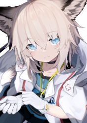 Rule 34 | 1girl, absurdres, adjusting clothes, adjusting gloves, animal ear fluff, animal ears, arknights, black choker, blonde hair, blue eyes, blue shirt, choker, closed mouth, coat, collarbone, fox ears, fox girl, fox tail, from above, gloves, highres, long sleeves, looking at viewer, looking up, material growth, open clothes, open coat, oripathy lesion (arknights), rotroto, shirt, short hair, simple background, sitting, smile, solo, sussurro (arknights), tail, white background, white coat, white gloves